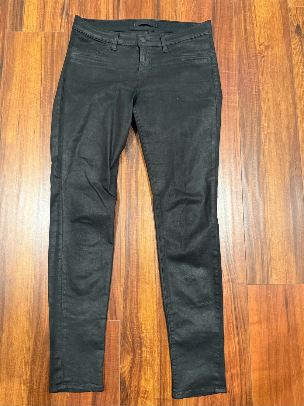 J Brand Super Skinny Coated Black Denim Jeans Size 30 Waxed Leather Look
